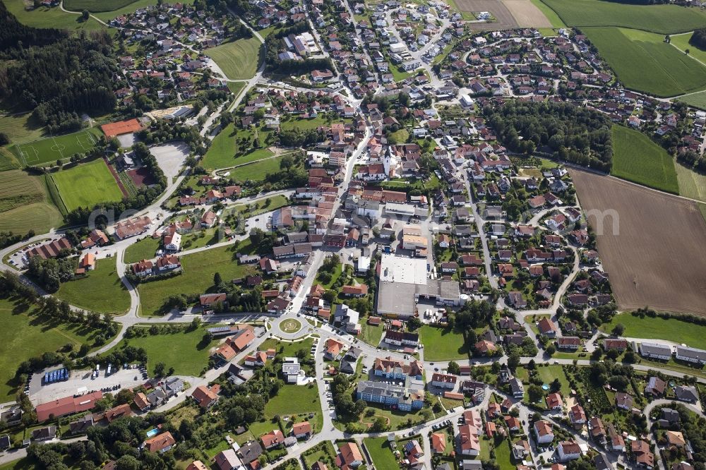 Aerial image Hutthurm - Town View of the streets and houses of the residential areas in Hutthurm in the state Bavaria, Germany