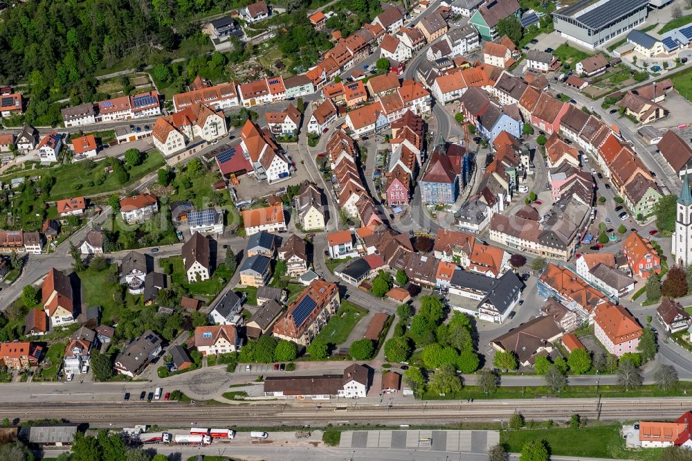 Löffingen from above - Town View of the streets and houses of the residential areas in Loeffingen in the state Baden-Wuerttemberg, Germany