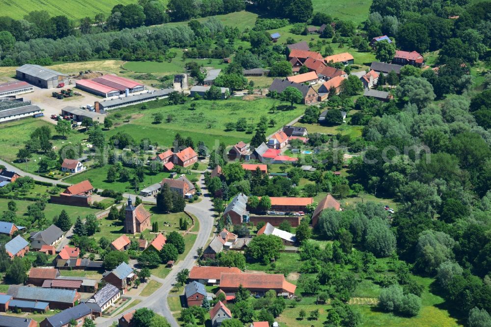 Aerial image Rühstädt - View of the borough of Ruehstaedt in the state of Brandenburg. The village is located in the county district of Prignitz, is characterised by small houses and farms and is surrounded by fields and forest