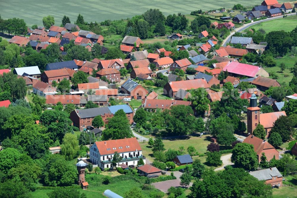 Aerial image Rühstädt - View of the borough of Ruehstaedt in the state of Brandenburg. The village is located in the county district of Prignitz, is characterised by small houses and farms and is surrounded by fields and forest