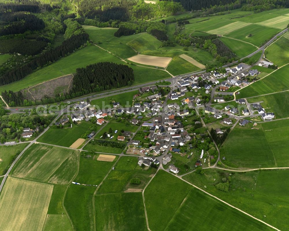 Aerial image Wiesemscheid - View of the borough of Wiesemscheid in the state of Rhineland-Palatinate. The borough is located on federal road 258 in the Hocheifel region and is surrounded by fields. South of it the valley of the Trierbach creek connects to the residential area