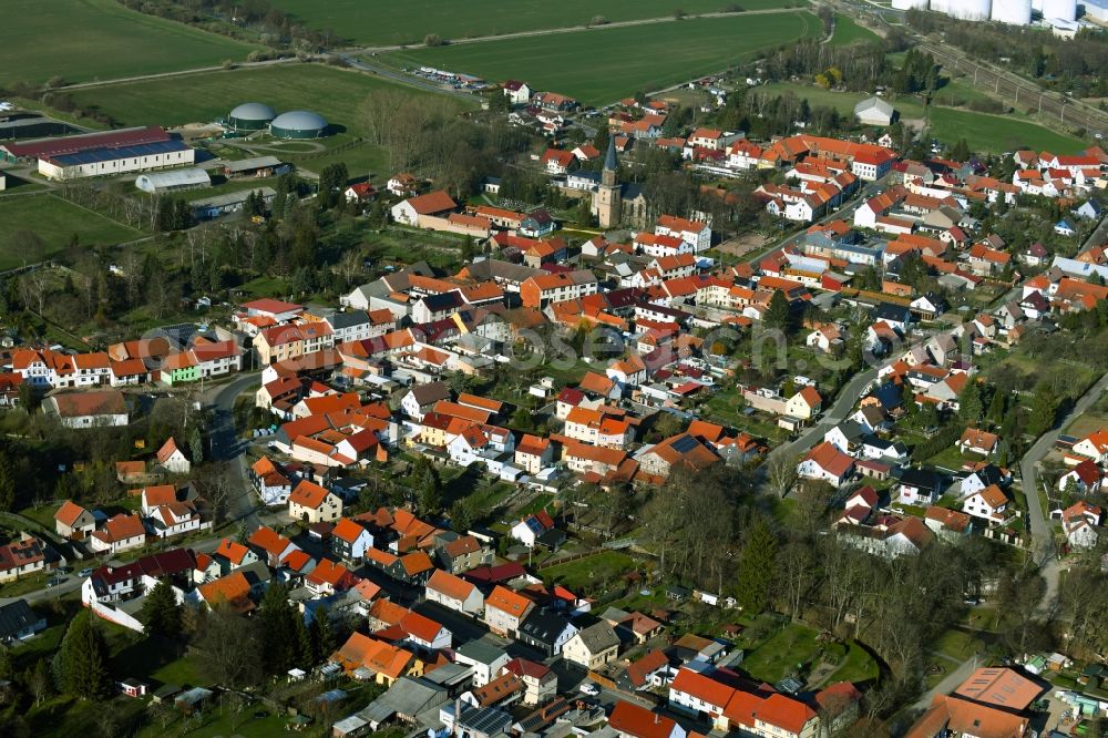 Emleben from above - Town view of the streets and houses of the residential areas and the commercial area in Emleben in the state Thuringia, Germany