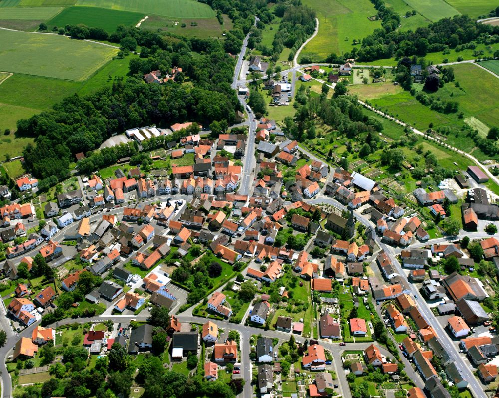 Gleimenhain from above - Town View of the streets and houses of the residential areas in Gleimenhain in the state Hesse, Germany