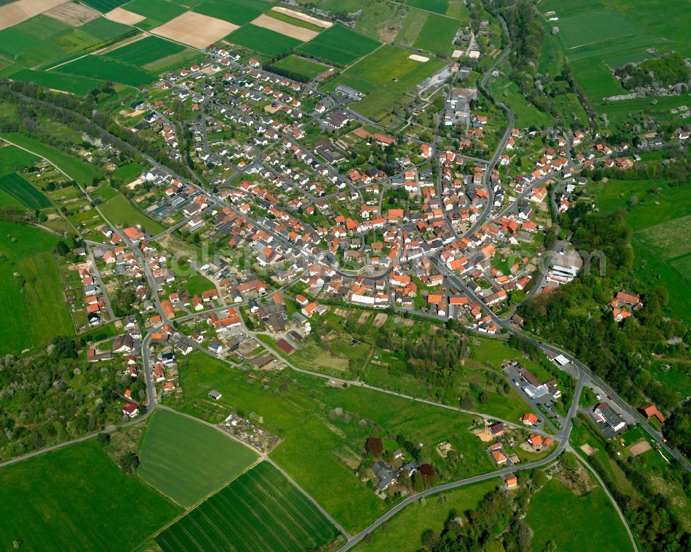 Gleimenhain from above - Town View of the streets and houses of the residential areas in Gleimenhain in the state Hesse, Germany