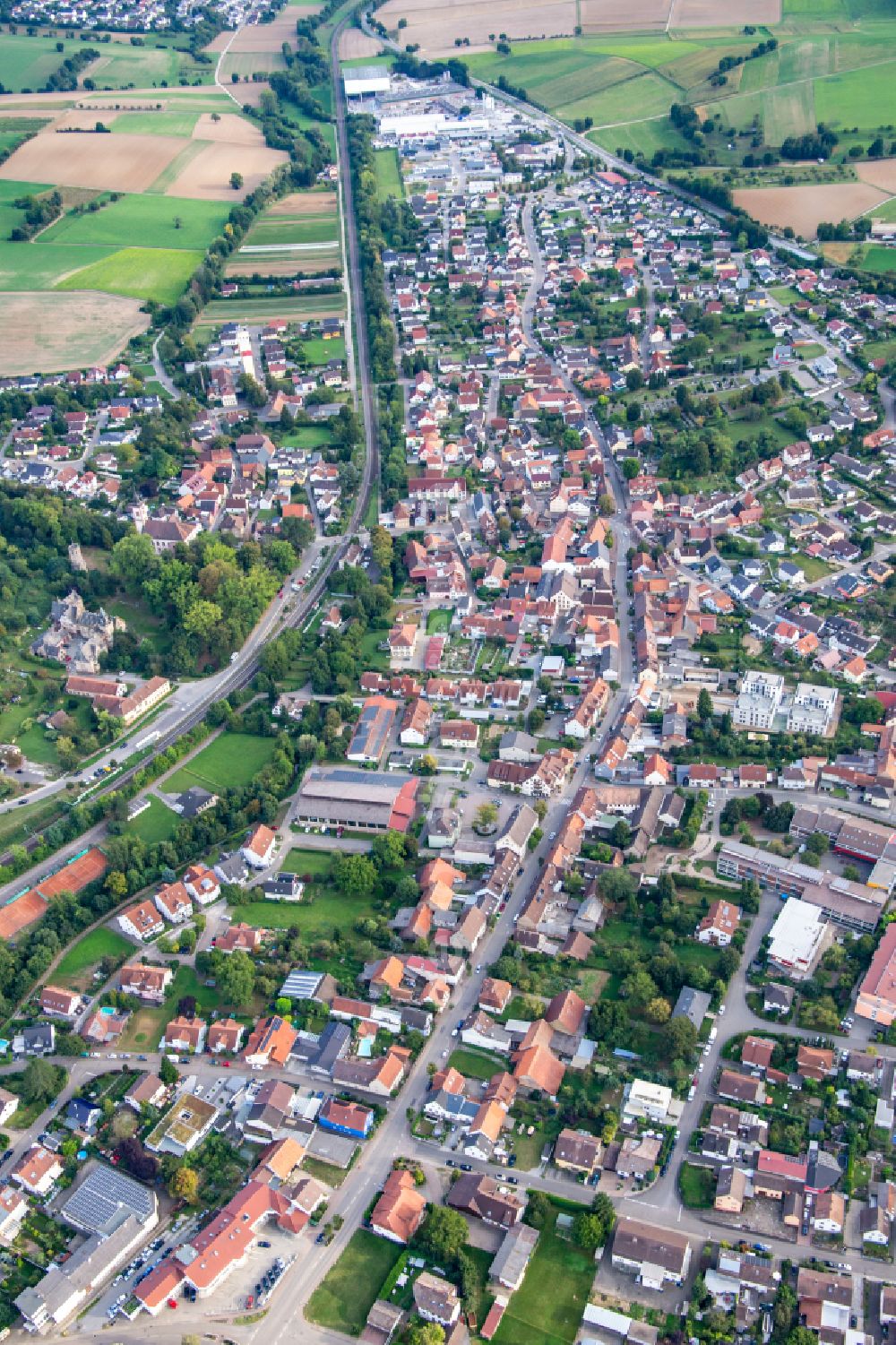 Gondelsheim from above - Town View of the streets and houses of the residential areas in Gondelsheim in the state Baden-Wuerttemberg, Germany