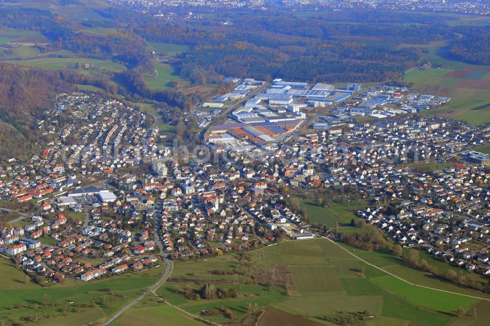 Gottmadingen from the bird's eye view: Town view of the streets and houses of the residential areas in Gottmadingen in the state Baden-Wuerttemberg, Germany