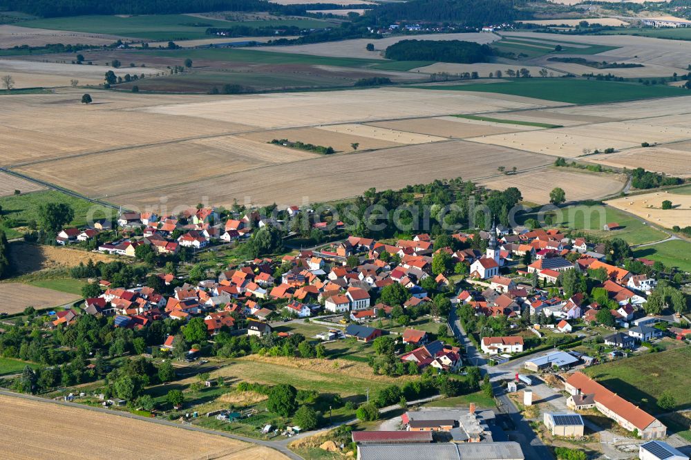 Grabfeld from above - Town View of the streets and houses of the residential areas in Grabfeld in the state Thuringia, Germany