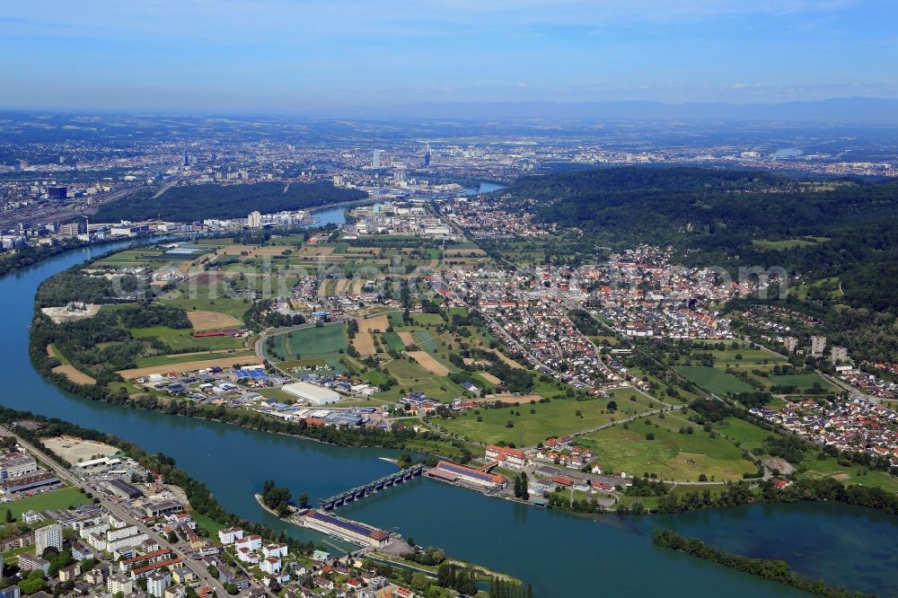 Aerial photograph Grenzach-Wyhlen - Town view of the two districts Grenzach and Wyhlen in Grenzach-Wyhlen at the Rhine river in the state Baden-Wurttemberg, Germany. In the Background the city of Basle in Switzerland