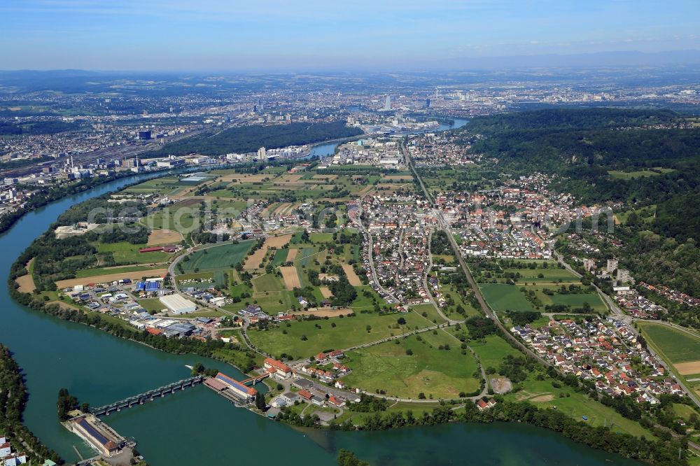 Grenzach-Wyhlen from above - Town view of the two districts Grenzach and Wyhlen in Grenzach-Wyhlen at the Rhine river in the state Baden-Wurttemberg, Germany. In the Background the city of Basle in Switzerland