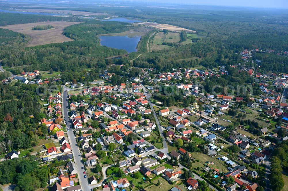 Aerial image Grünewalde - Town View of the streets and houses of the residential areas on street Hakenstrasse in Gruenewalde in the state Brandenburg, Germany