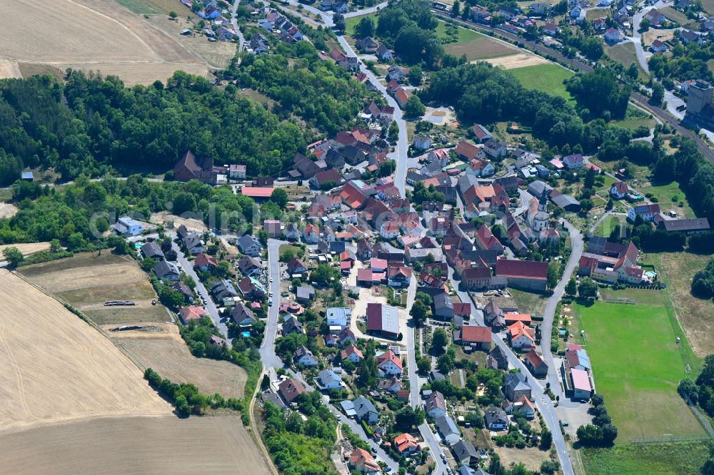 Grünsfeld from above - Town View of the streets and houses of the residential areas in Grünsfeld in the state Baden-Wuerttemberg, Germany