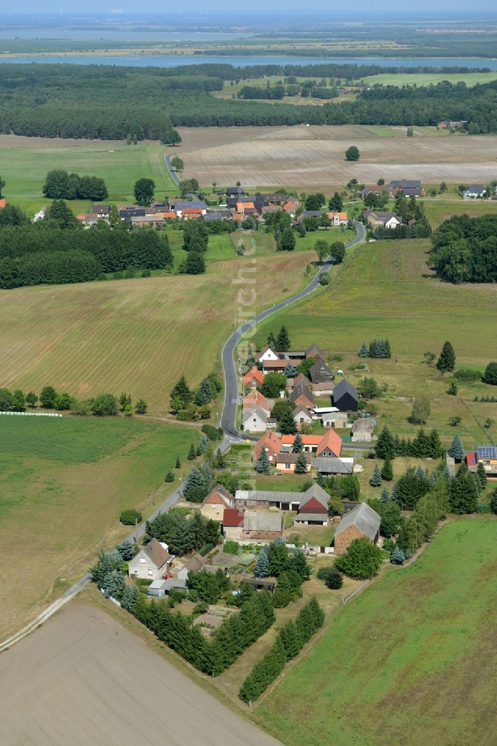 Groß-Mehßow from above - View of the village of Gross-Mehssow in the state of Brandenburg. The residential village is located in the forest area of the nature park of Niederlausitzer Landruecken