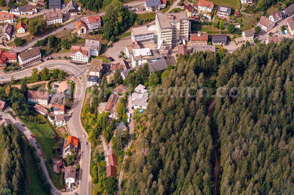 Gütenbach from above - Town View of the streets and houses of the residential areas in Guetenbach in the state Baden-Wurttemberg, Germany