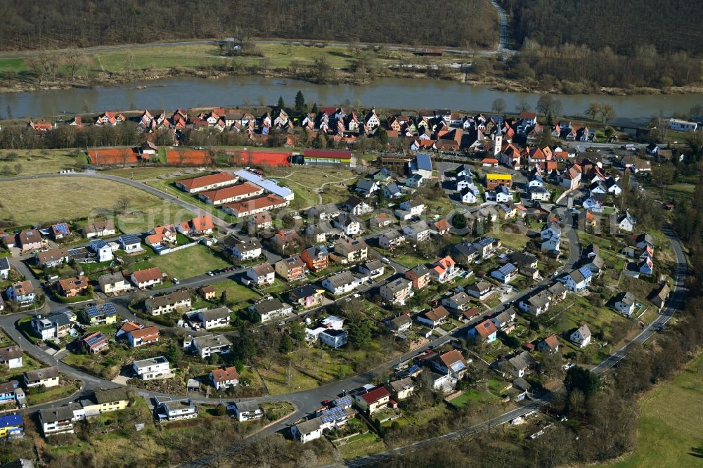 Aerial image Hafenlohr - Town View of the streets and houses of the residential areas in Hafenlohr in the state Bavaria, Germany