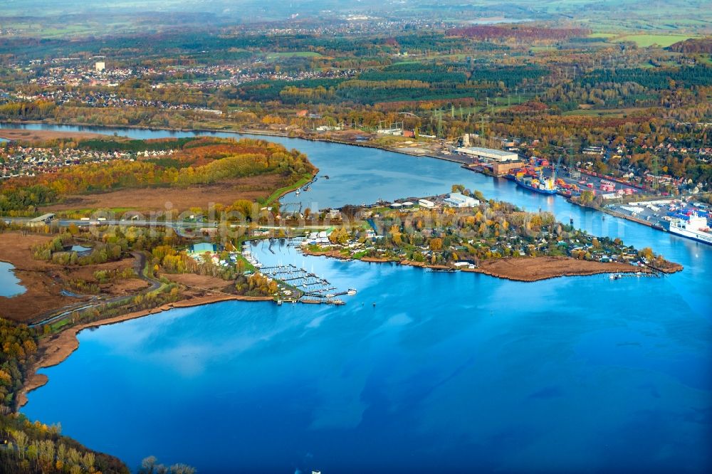 Lübeck from above - View of the port in Schlutup in the Hanseatic city of Luebeck in the state of Schleswig-Holstein