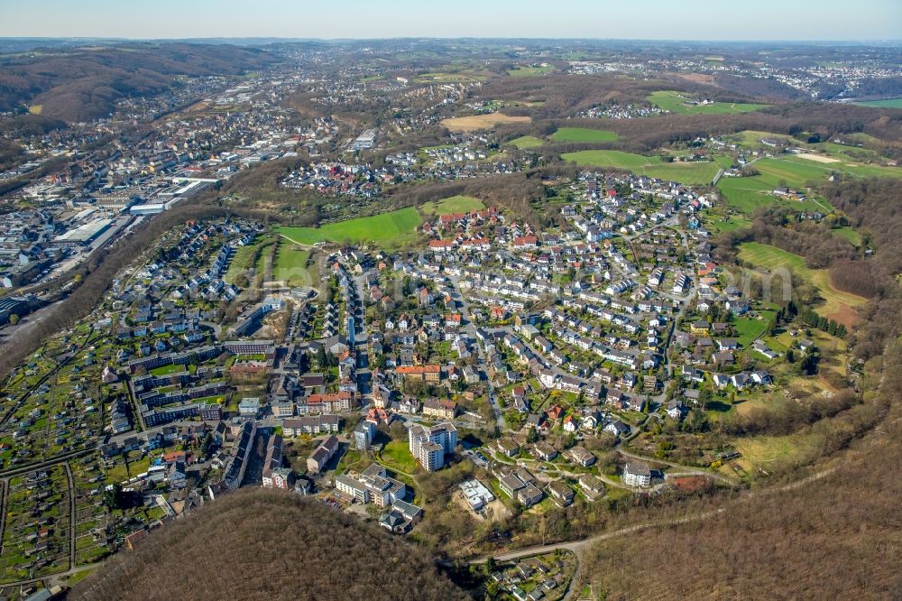 Hagen from above - Town View of the streets and houses of the residential areas in Hagen in the state North Rhine-Westphalia, Germany