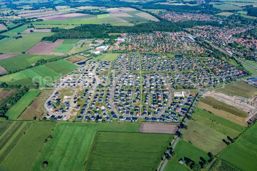 Harsefeld from above - Town View of the streets and houses of the residential areas in Harsefeld in the state Lower Saxony, Germany