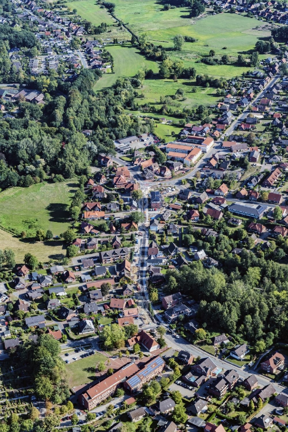 Harsefeld from above - Town View of the streets and houses of the residential areas in Harsefeld in the state Lower Saxony, Germany