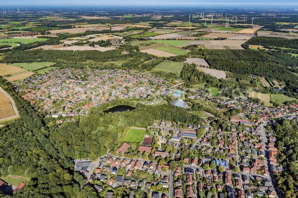 Harsefeld from above - Town View of the streets and houses of the residential areas in Harsefeld in the state Lower Saxony, Germany