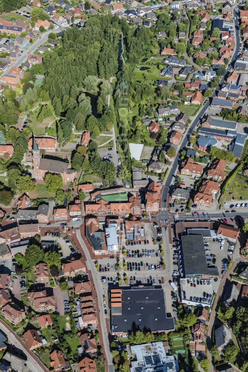 Harsefeld from above - Town View of the streets and houses of the residential areas in Harsefeld in the state Lower Saxony, Germany