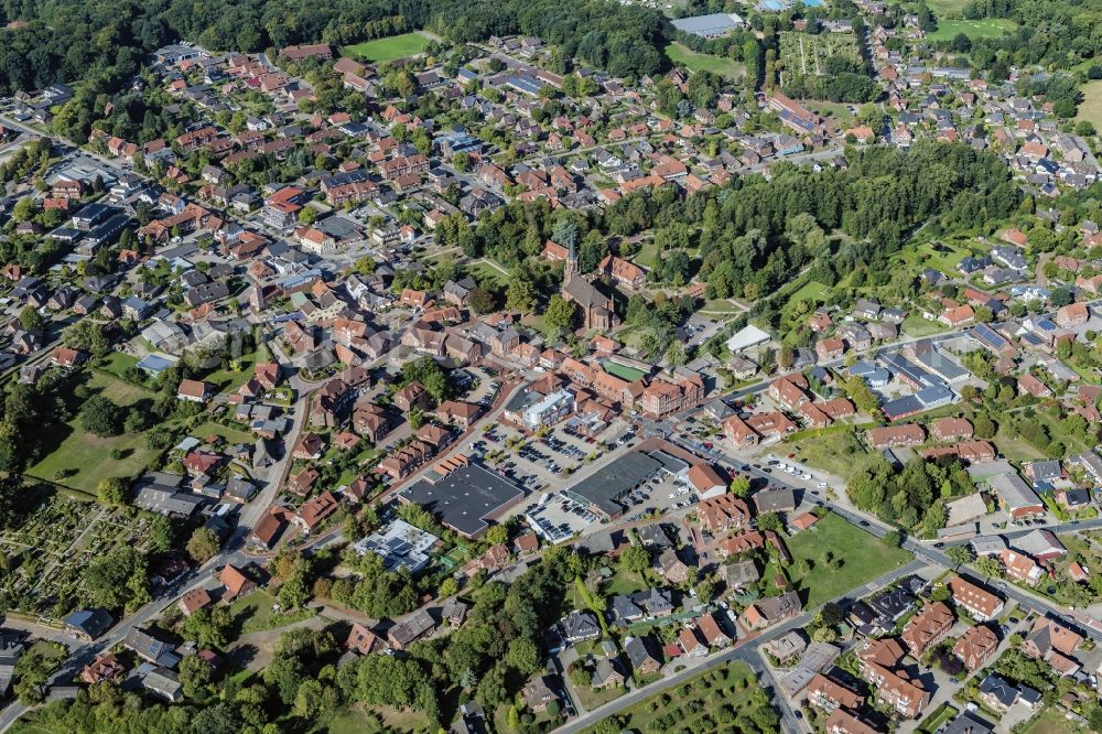 Harsefeld from above - Town View of the streets and houses of the residential areas in Harsefeld in the state Lower Saxony, Germany