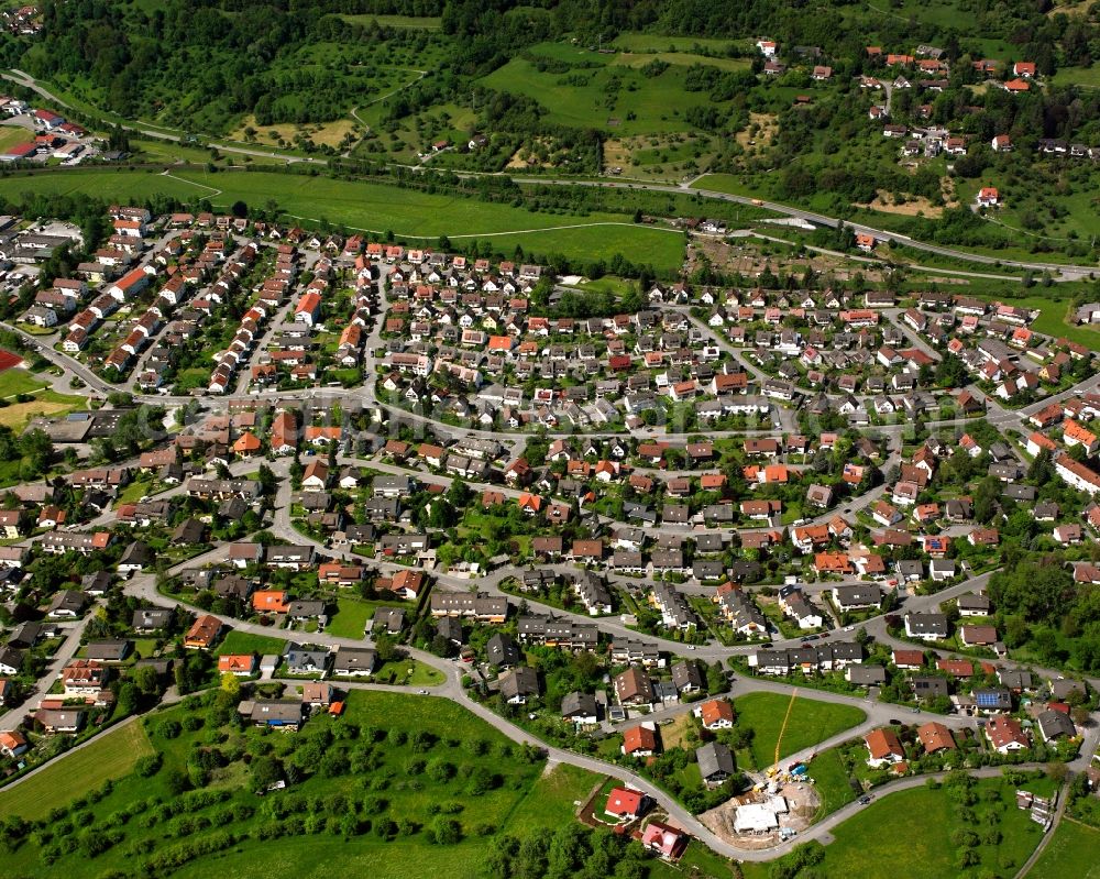 Hausen from above - Town View of the streets and houses of the residential areas in Hausen in the state Baden-Wuerttemberg, Germany