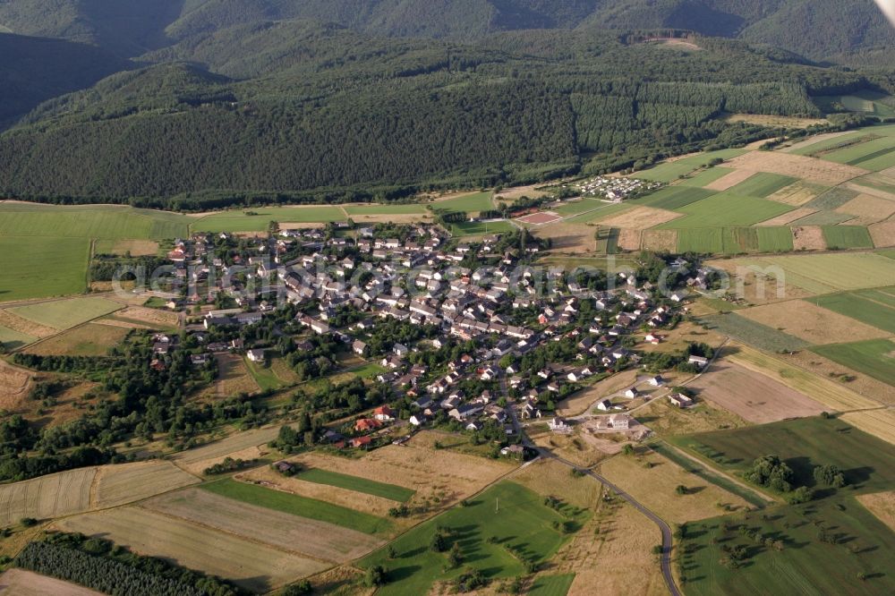 Heidenburg from the bird's eye view: View of the village of Heidenburg im Hunsrueck in the state of Rhineland-Palatinate. Heidenburg is surrounded by agricultural fields and areas and is framed by hills, forest and woods. The borough is located South of the Mosel in a narrow valley
