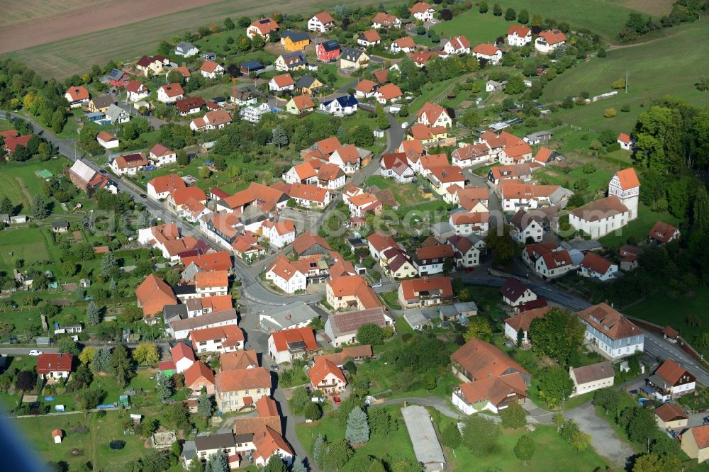 Henneberg from above - Town View of the streets and houses of the residential areas in Henneberg in the state Thuringia