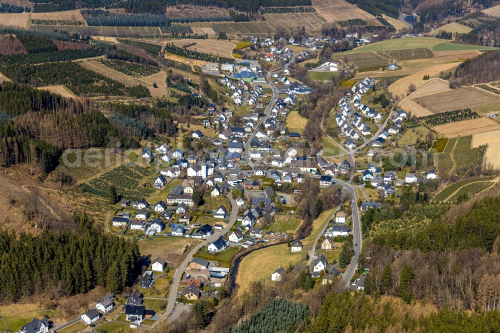 Heringhausen from above - Town View of the streets and houses of the residential areas in Heringhausen at Sauerland in the state North Rhine-Westphalia, Germany