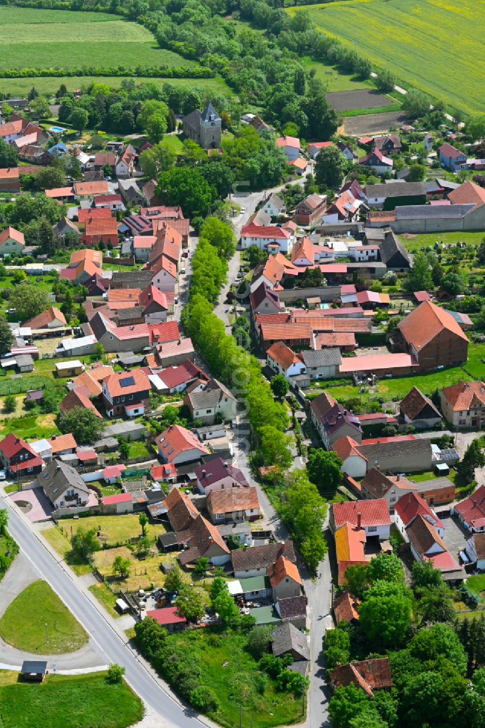 Herrnschwende from above - Town View of the streets and houses of the residential areas in Herrnschwende in the state Thuringia, Germany