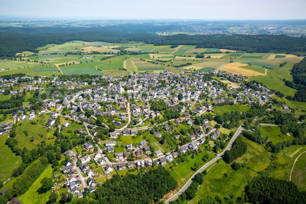 Hirschberg from above - Town View of the streets and houses of the residential areas in Hirschberg in the state North Rhine-Westphalia