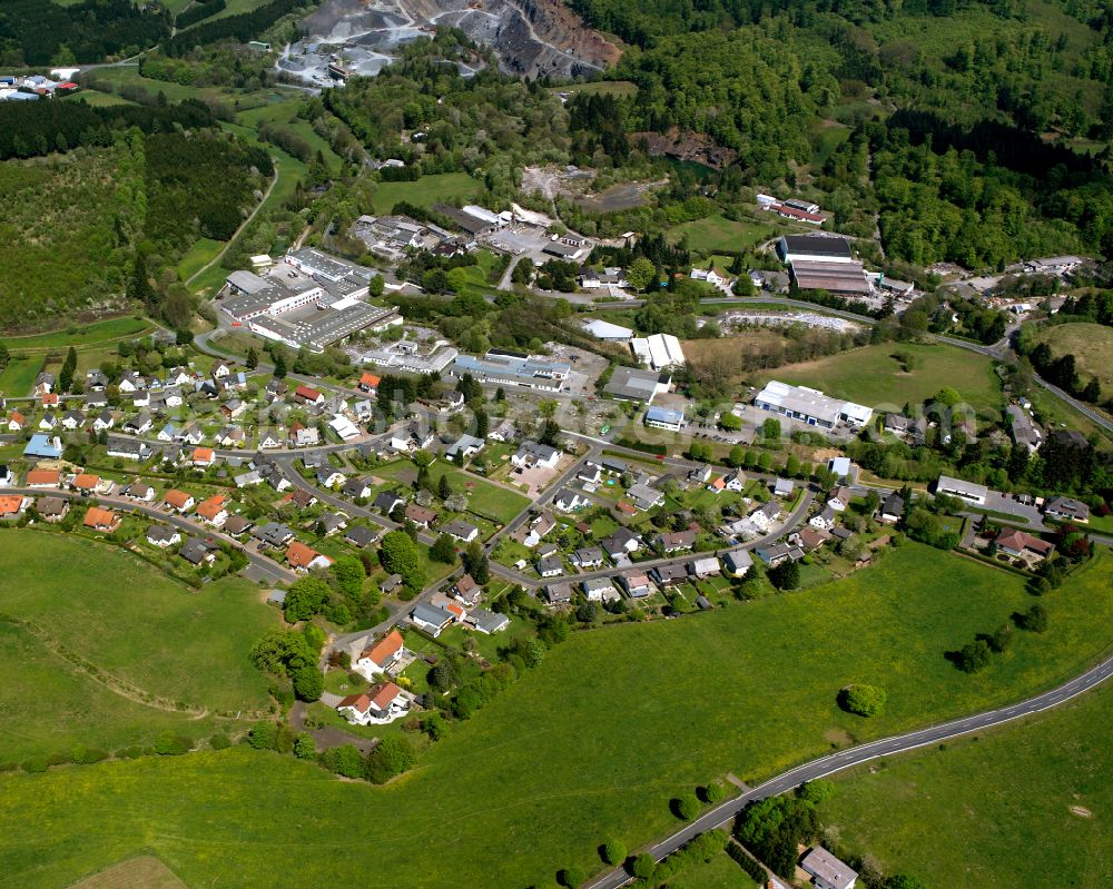 Hirzenhain Bahnhof from above - Town View of the streets and houses of the residential areas in Hirzenhain Bahnhof in the state Hesse, Germany