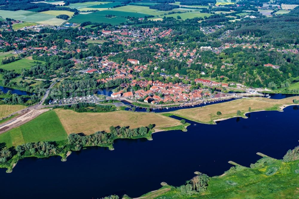 Hitzacker (Elbe) from above - Town view of the streets and houses of the residential areas in Hitzacker on the course of the Elbe in the state Lower Saxony, Germany