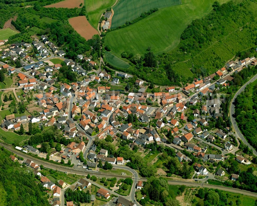 Aerial image Hochstätten - View of the borough of Hochstaetten in the state of Rhineland-Palatinate. The municipiality is located in the Alsenz Valley on the riverbank of the river Alsenz. It includes several hamlets and settlements