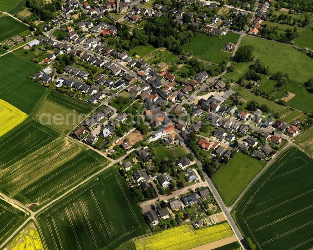 Grafschaft from above - View of the Holzweiler part of the borough of Grafschaft in the state of Rhineland-Palatinate. Holzweiler is one of eleven districts of Grafschaft and is located in the South of the borough next to a wooded area. It is home to the Panorama Sauna Holzweiler with its halls and open air swimming pools