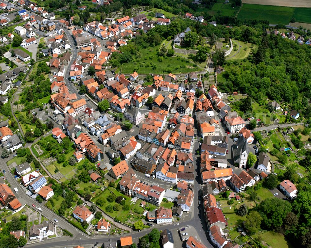 Homberg (Ohm) from above - Town View of the streets and houses of the residential areas in Homberg (Ohm) in the state Hesse, Germany