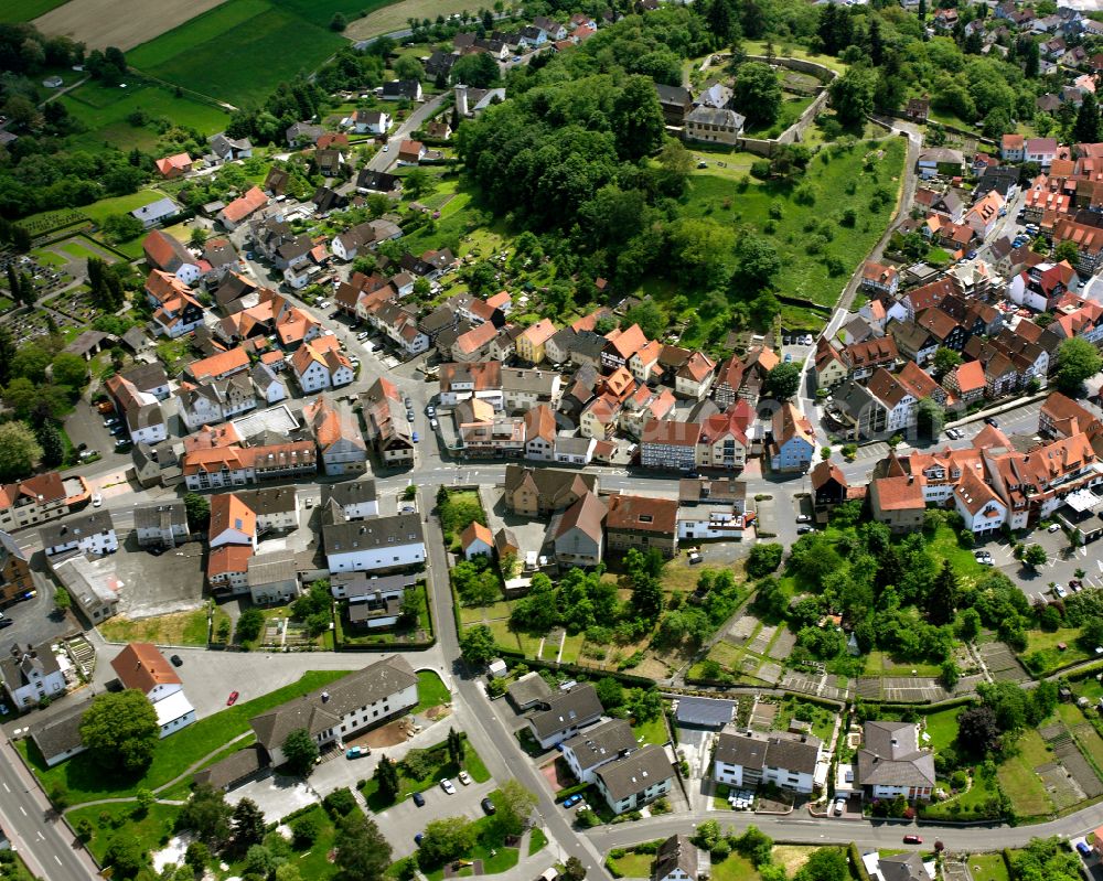 Homberg (Ohm) from the bird's eye view: Town View of the streets and houses of the residential areas in Homberg (Ohm) in the state Hesse, Germany