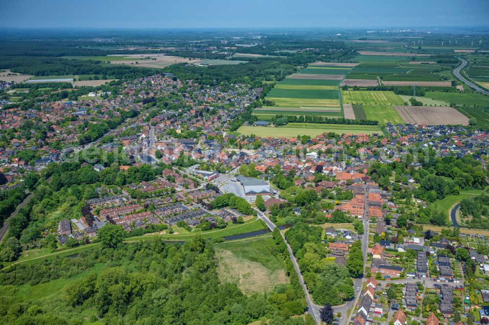 Horneburg from above - Town View of the streets and houses of the residential areas in Horneburg in the state Lower Saxony, Germany