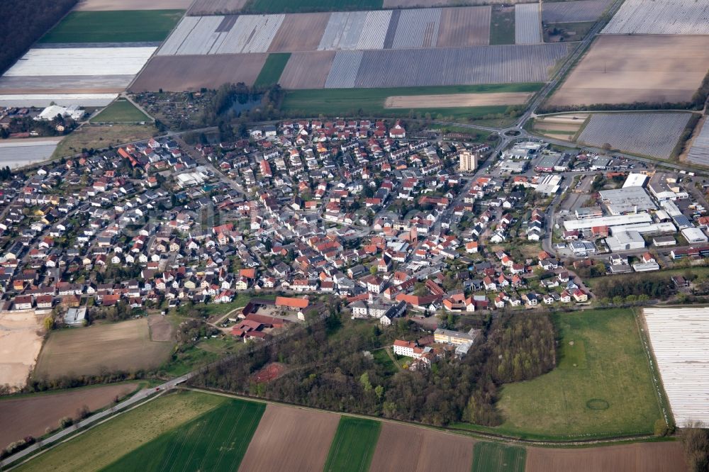 Aerial image Lampertheim - Town View of the streets and houses of the residential areas in the district Huettenfeld in Lampertheim in the state Hesse, Germany