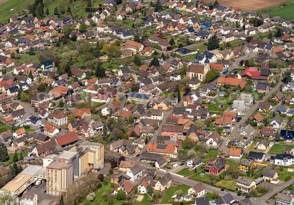 Hugsweier from above - Town View of the streets and houses of the residential areas in Hugsweier in the state Baden-Wuerttemberg, Germany