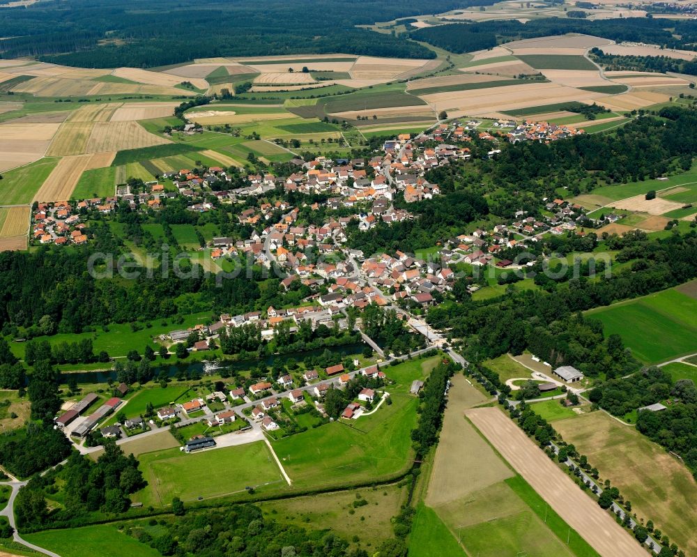 Aerial image Hundersingen - Town View of the streets and houses of the residential areas in Hundersingen in the state Baden-Wuerttemberg, Germany