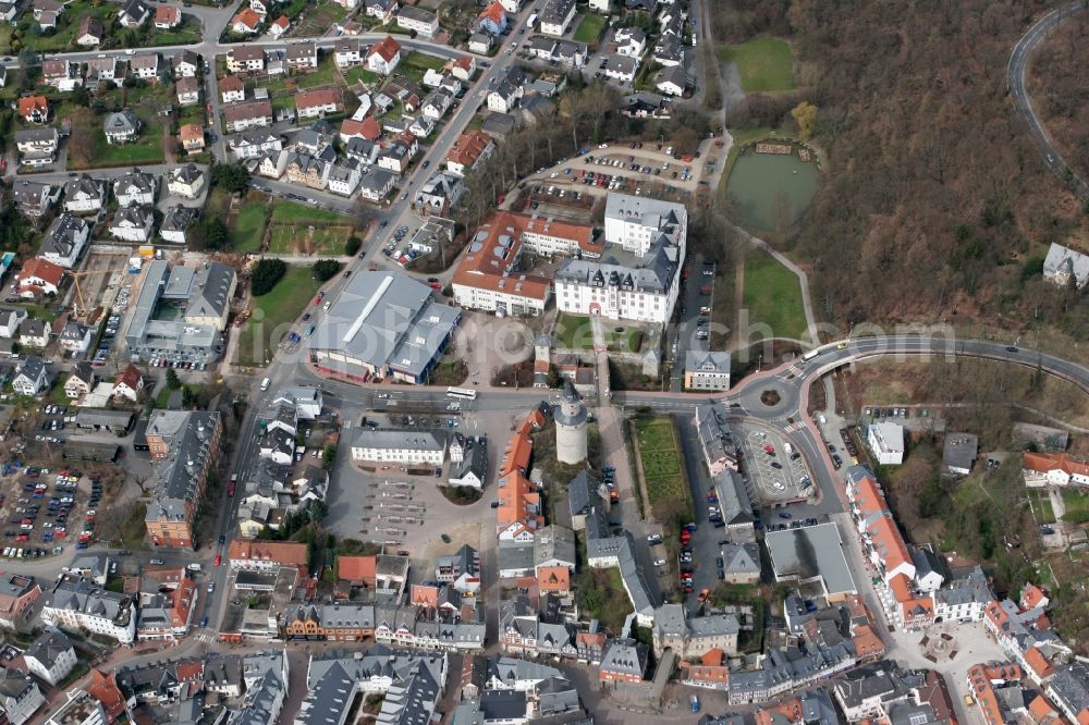 Idstein from above - Townscape of Idstein with the witches tower, the landmark of the city in the federal state of Hesse