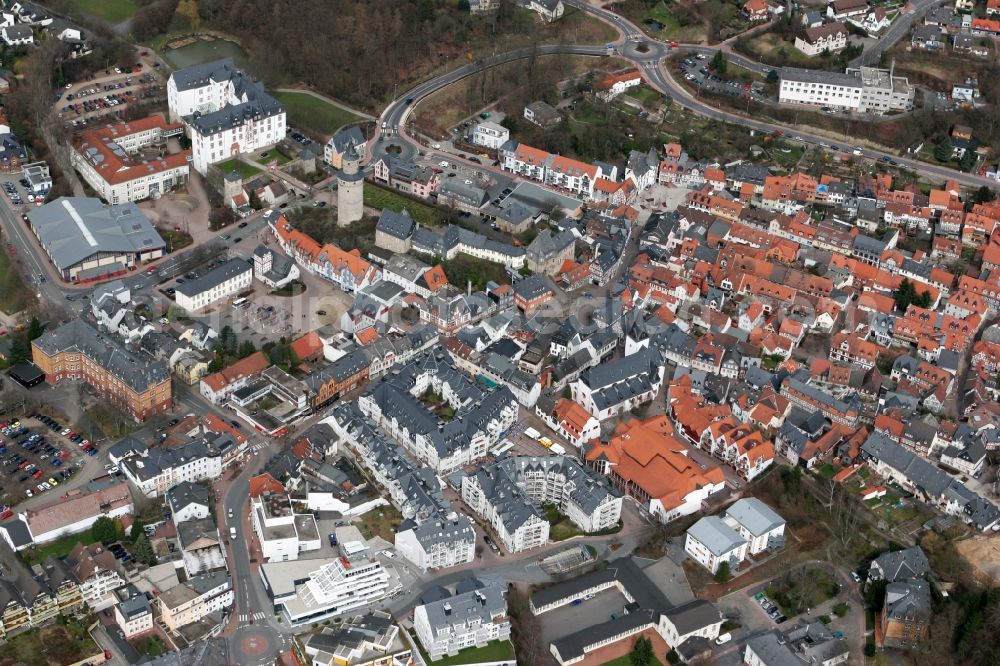 Idstein from the bird's eye view: Townscape of Idstein with the witches tower, the landmark of the city in the federal state of Hesse