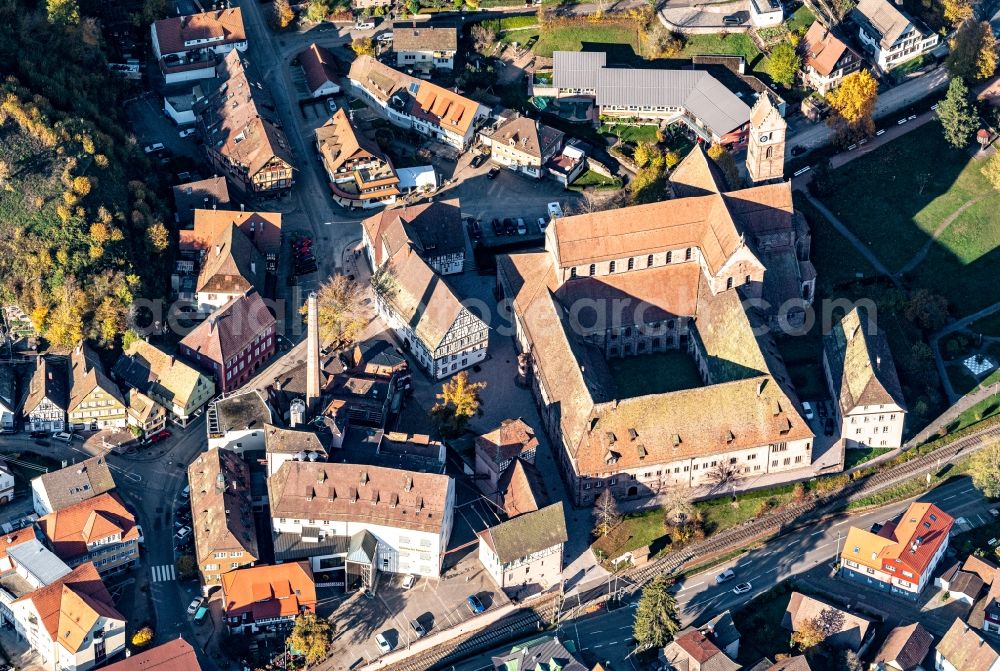 Alpirsbach from above - Town View of the streets and houses of the residential areas in Alpirsbach in the state Baden-Wuerttemberg, Germany