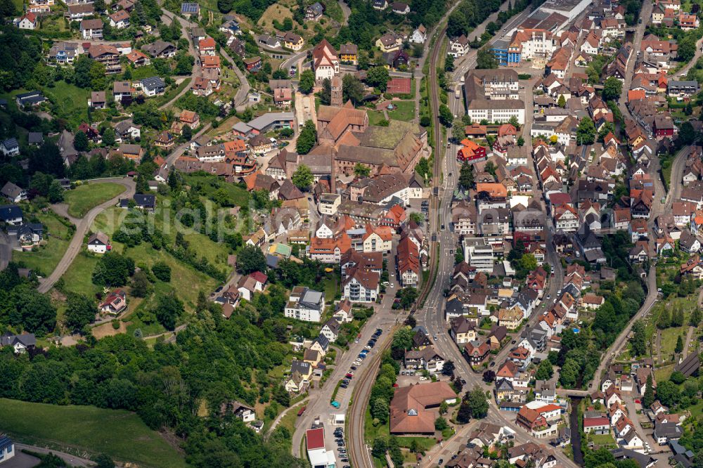 Alpirsbach from above - Town View of the streets and houses of the residential areas in Alpirsbach in the state Baden-Wuerttemberg, Germany