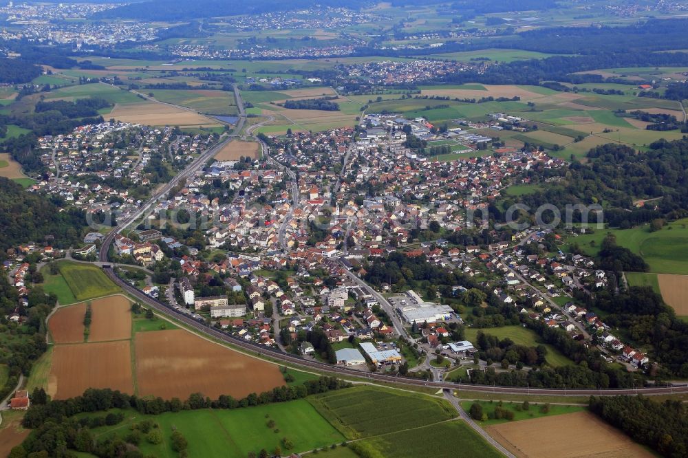 Jestetten from above - Town view of the streets and houses of the residential areas in Jestetten in the state Baden-Wuerttemberg, Germany