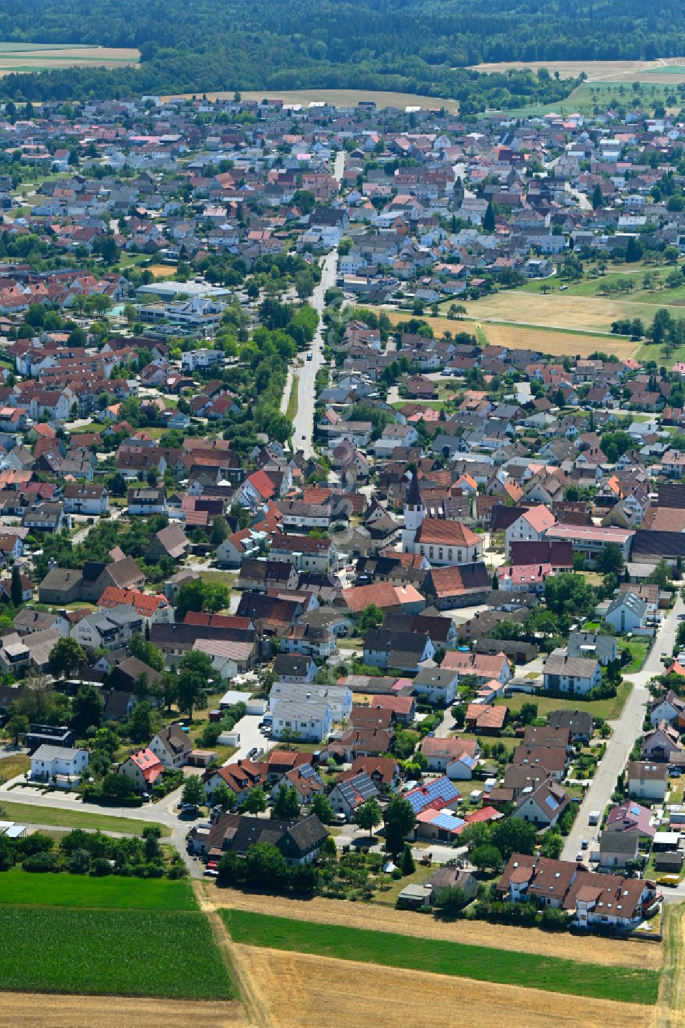 Aerial photograph Jettingen - Town View of the streets and houses of the residential areas on street Unterjettinger Strasse in the district Oberjettingen in Jettingen in the state Baden-Wuerttemberg, Germany