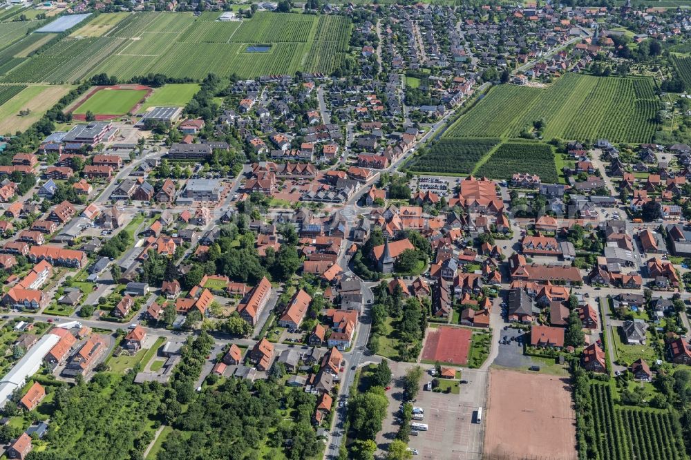 Jork from above - Location in the fruit-growing area Altes Land Jork in the state of Lower Saxony, Germany