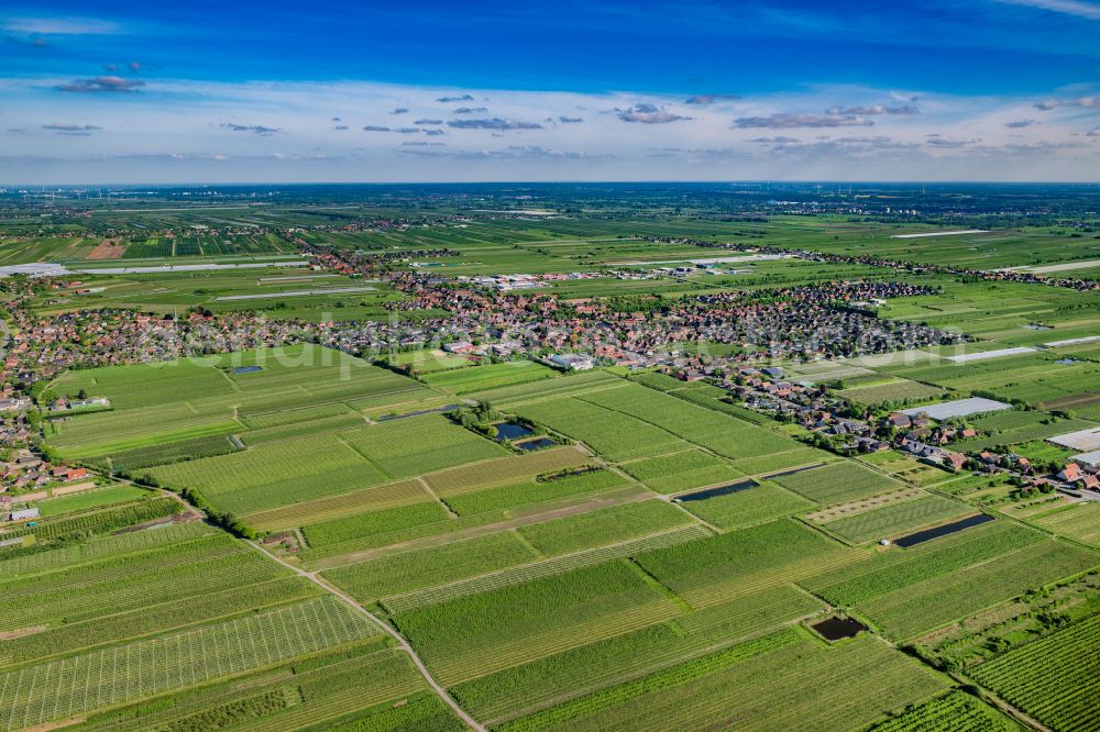 Jork from above - Location in the fruit-growing area Altes Land Jork in the state of Lower Saxony, Germany