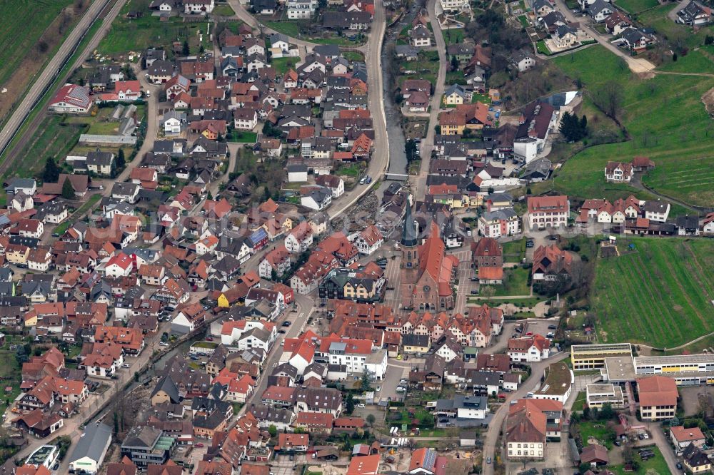 Kappelrodeck from above - Town View of the streets and houses of the residential areas in Kappelrodeck in the state Baden-Wurttemberg, Germany